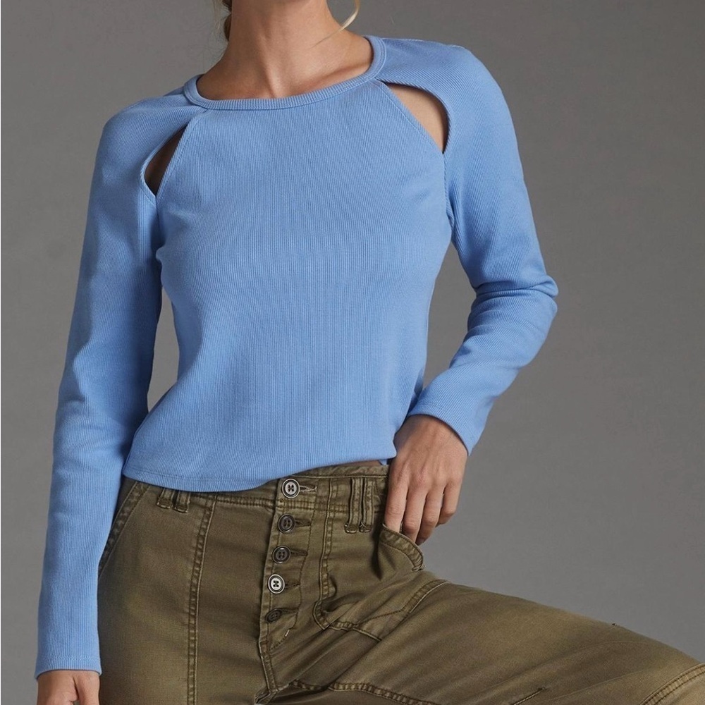 By Anthropologie Long Sleeve Ribbed Cutout Cotton Top Shirt Blue Small